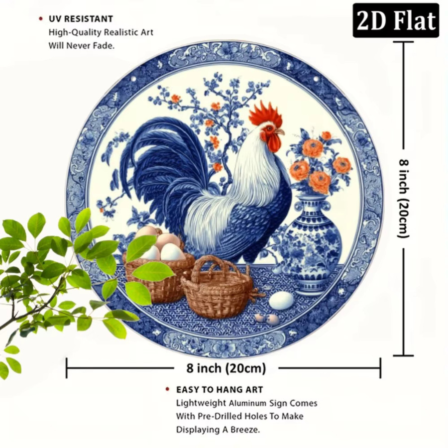 CIFBUY Rundes Metallschild Vintage Blauer Hahn mit Blumenmuster und Ei-Motiv, Durchmesser: 20,32 cm - Bild 2