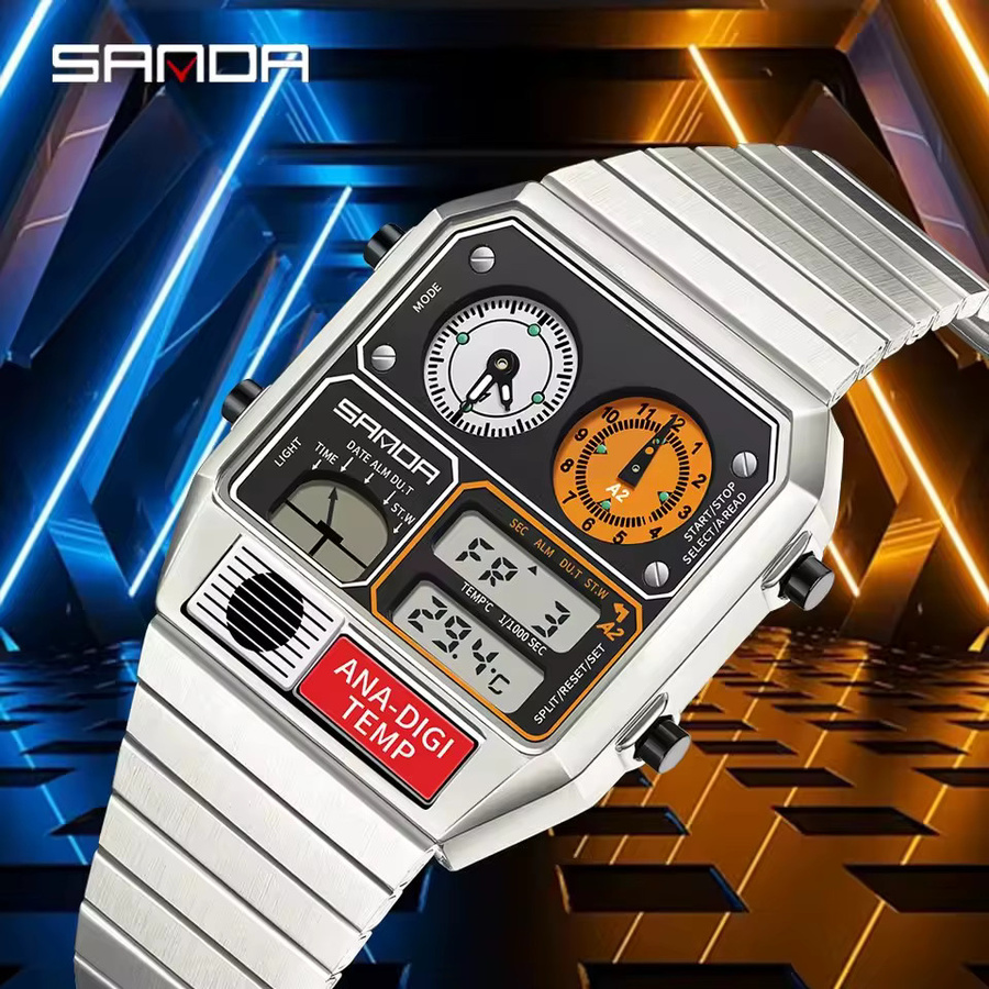 SANDA Digitaluhr, Chronograph, Edelstahl, Schwarz, Herren - Bild 2