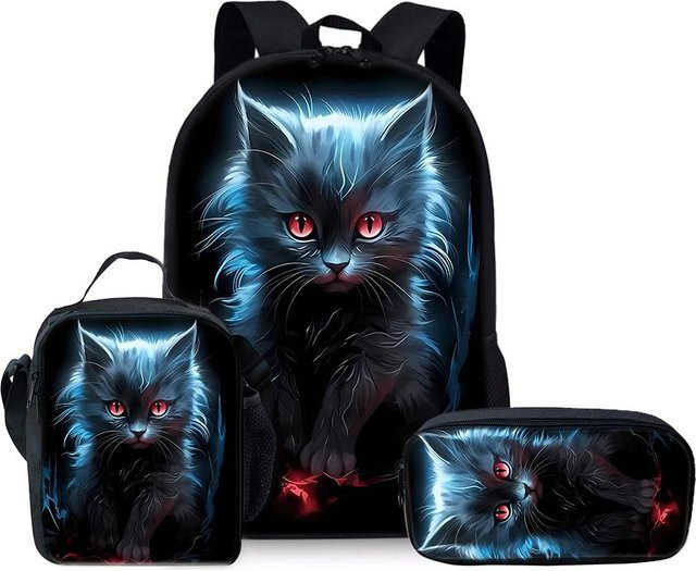 BAOERYE Dreiteiliges Schulset mit Katzen-Motiv in Schwarz bestehend aus Rucksack, Brotdose und Federmäppchen für Kinder - Bild 1
