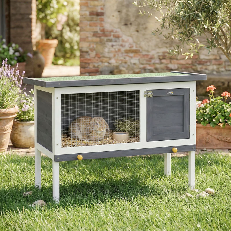 PawHut Hasenstall aus Kiefernholz mit Bitumendach und Schublade in Grau, B/T/H: 90 x 45 x 65 cm - Bild 2