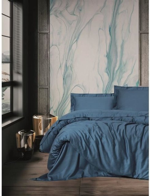 Bettwäsche-Set aus Mako-Satin aus 100% Baumwolle in Blau, bestehend aus 1 Bettbezug (Breite: 220 cm, Höhe: 240 cm) und 2 Kissenbezügen (60 x 80 cm) - Bild 1