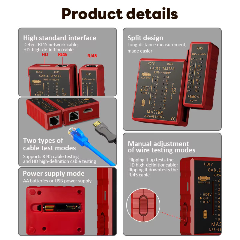 SHOYEE Multifunktionaler Netzwerkkabeltester mit HDMI-Kompatibilität für RJ45 8P8C LAN POE und RJ11 Telefonleitung in Rot - Bild 6