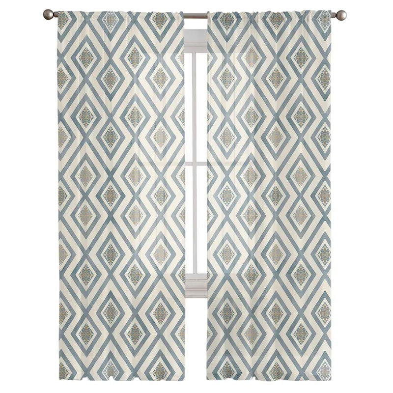 Super Six Voile Gardine mit handgezeichnetem Rauten-Geometrie-Muster in Weiß, Breite: 135 cm, Höhe: 114 cm - Bild 2