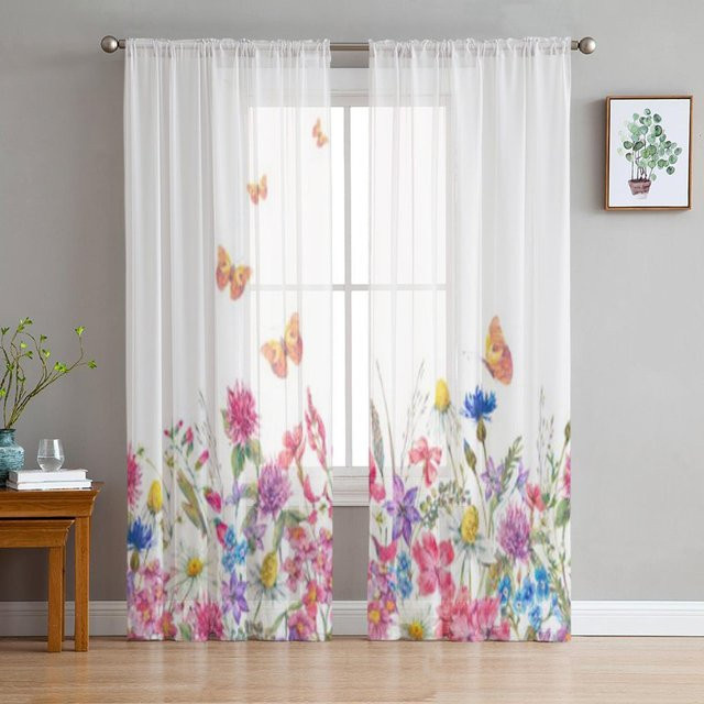 Super Six Transparenter Voile Vorhang mit Schmetterling und Blumen-Design in Weiß, Breite: 135 cm, Höhe: 114 cm - Bild 1