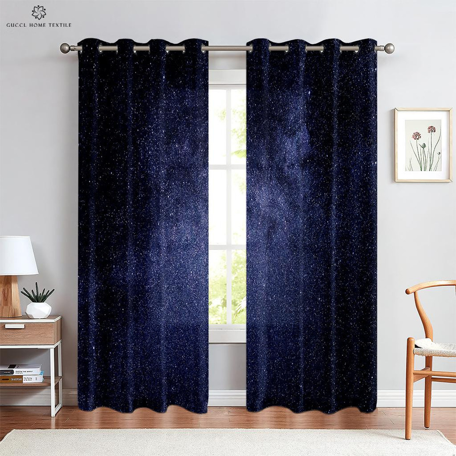 Yiran Furniture Vorhänge mit 3D Sternenhimmel-Druck aus Polyester, 2er-Set, semi-transparent, mit Ösen, Breite: 50 cm, Höhe: 130 cm - Bild 1