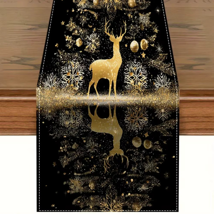 VIKAMA Tischläufer Winter Design in Schwarz und Gold mit Hirsch- und Schneeflockenmustern, B/H: 140 x 33 cm - Bild 2