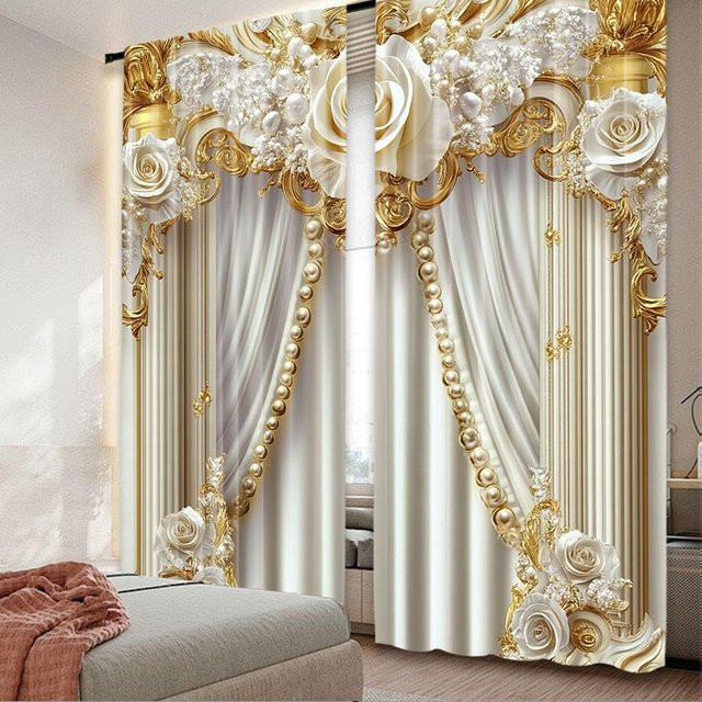 2er-Set JFCurtain Vorhänge mit floralem Design in Gold, Weiß und Grau, semi-transparent, Breite: 60 cm, Höhe: 150 cm - Bild 1