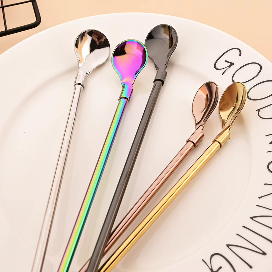 7-teiliges Edelstahl-Strohhalm-Set von uniturcky mit Löffel-Funktion in Silber und Multicolour für Milchshakes, Cocktails, Kaffee und Säfte - Bild 2