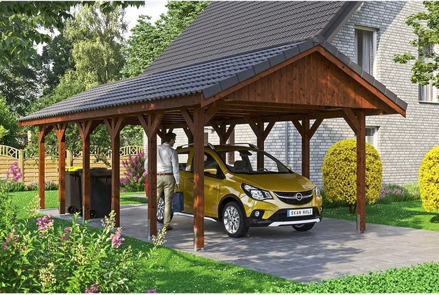Skan Holz Carport Wallgau Satteldach aus Nadelholz in Braun mit Dachziegeln B/T: 430 x 900 cm, Höhe: 326 cm - Bild 1