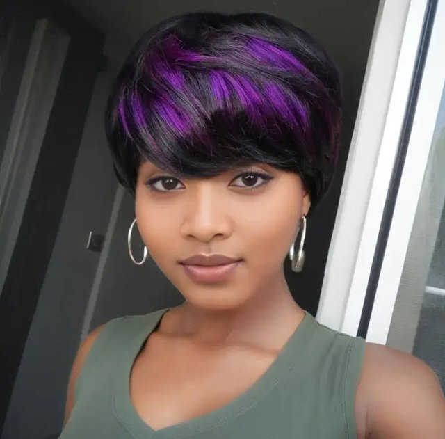 OYM HAIR Pixie-Schnitt-Perücke, Echthaar, lila, Damen - Bild 1