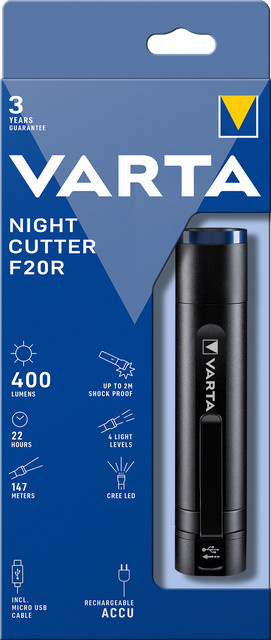 VARTA Nightcutter F20R Akku-Taschenlampe aus Aluminium in Schwarz mit LED, 400 lm und IP67 Schutz, Durchmesser: 3,4 cm, Höhe: 16,0 cm - Bild 1
