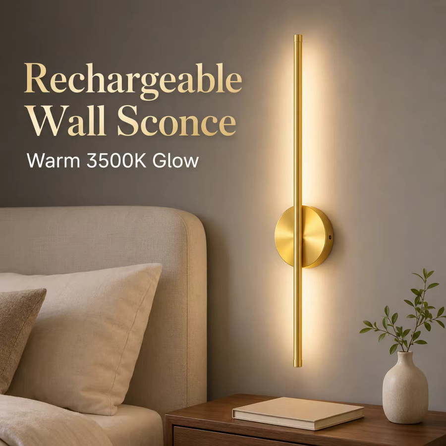 YQCHEZI Magnetische LED Wandleuchte in Gold/Messing, wiederaufladbare kabellose Leuchte für Wohnzimmer, Schlafzimmer und Flur - Bild 2