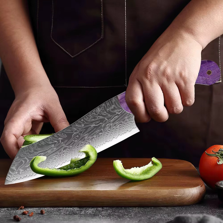 Xituo Santoku-Messer aus geschmiedetem Damaszener Stahl mit lila Holzgriff, 17,78 cm - Bild 3