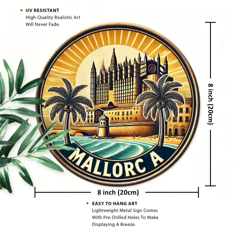 Runde Wanddekoration aus Aluminium von Potdemiel mit Mallorca-Strandszene, Palmen und Schloss-Design, Mehrfarbig, Durchmesser: 20,32 cm - Bild 2
