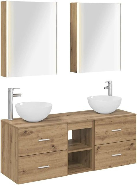 vidaXL Badezimmermöbel-Set 5-teilig in Artisan-Eiche mit Waschtischunterschrank und Spiegelschrank, Braun, mit LED-Beleuchtung und Glastüren - Bild 1