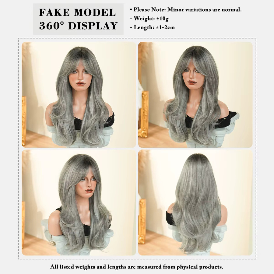 NAMM Perücke, lange wellige aschgraue Synthetik-Haare, dunkle Wurzeln - Bild 4