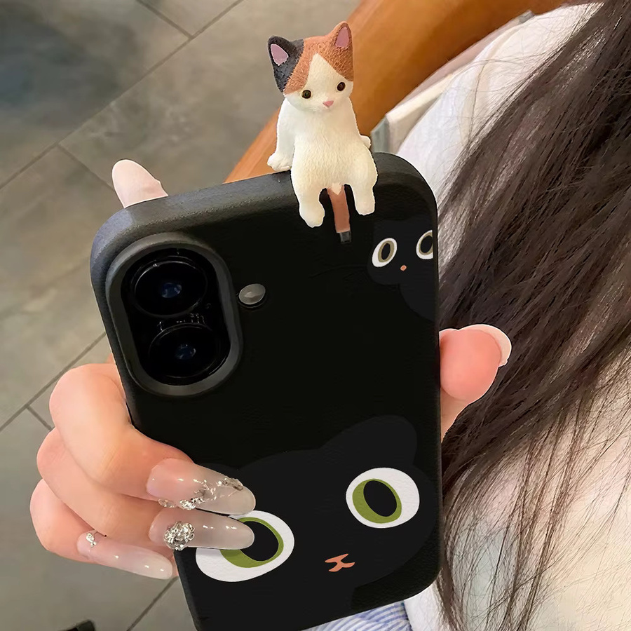 Stoßfeste Leder-Handyhülle mit süßem Katzen-Design für Apple iPhone 17 Pro Max 16 15 14 13 12 Plus Air in Schwarz und Grün - Bild 3