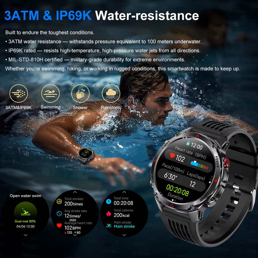 GUHUAVMI GPS-Abenteuer-Smartwatch Schwarz mit 6-Frequenz-Satellitenkompass und barometrischem Höhenmesser, 3ATM wasserdicht - Bild 2
