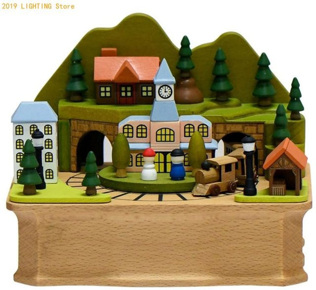Aufziehbare Weihnachtsszene Spieluhr von Yiran Furniture mit Bahnhof und Schlössern in Schwarz und Multicolour - Bild 1