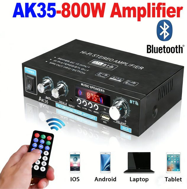 Kebidumei AK35 Digitaler Stereo-Verstärker 800W, 2-Kanal Mini HIFI Heim-Leistungsverstärker mit Bluetooth 5.0, USB und FM in Schwarz - Bild 1