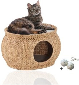 Rohrschneider Katzenhöhle aus Wasserhyazinthe in Beige, ovale Katzenhöhle im Boho-Design - Bild 1