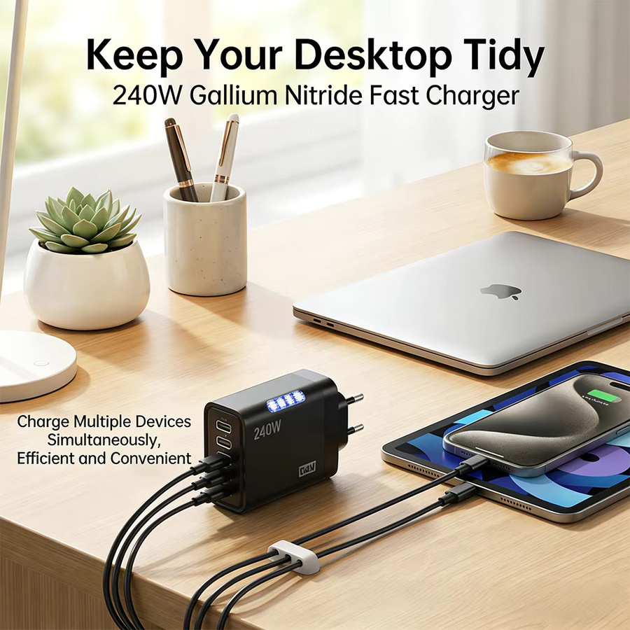 OBHO 240W GaN-Ladegerät mit Status-LED, 3 USB-C PD-Anschlüssen und 2 USB-A QC3.0 Anschlüssen - Bild 2