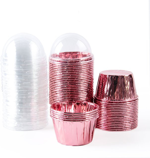 Joy-enlife Cupcake Liner aus Aluminium mit Deckel, 50 Stück, Gold und Pink, runde Backverpackungen für Feiern und Geschenke - Bild 1