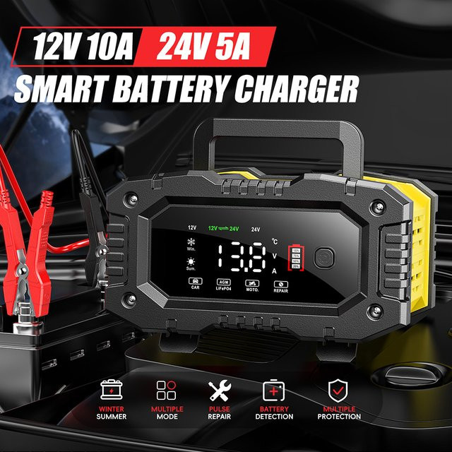 FOXSUR Smart Batterie Ladegerät 10A/5A in Schwarz für 12V 24V Auto Motorrad LKW mit automatischer Puls Reparatur für LiFePO4 AGM Blei-Säure Batterien - Bild 1