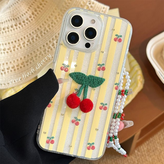 MUQGEW Handyhülle mit Umhängeband für iPhone 16 15 14 13 12 11 Pro Max, Koreanisches Design mit gestreiften Glitzer-3D-Kirschen, stoßfeste Schutzhülle - Bild 1