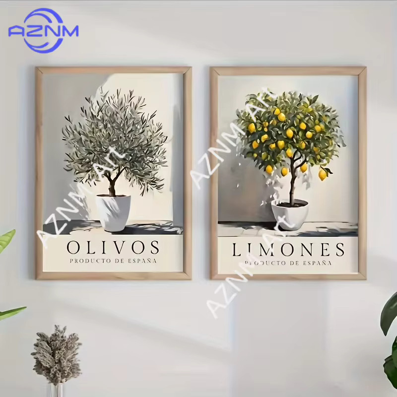 Potdemiel Leinwanddruck Mediterraner Olivenbaum und Zitronenbaum Wandkunst Poster in Mehrfarbig - Bild 1