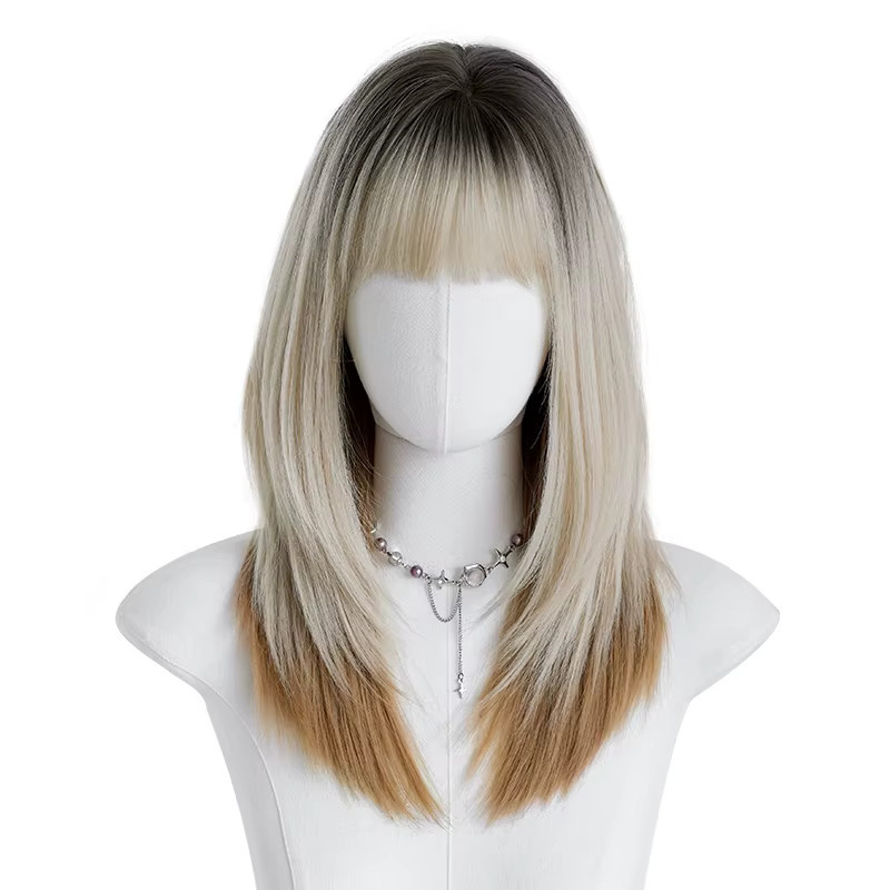 7JHH WIGS Perücke für Damen, schulterlang, gerade, beige-braun, Ombre, synthetisch, mit Pony - Bild 6