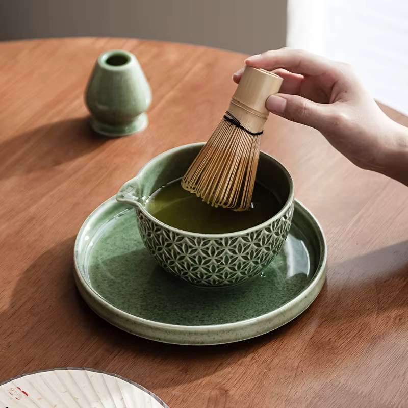 WENZHE Japanisches Matcha-Set mit grünem geometrischem Muster, Bambusrührer und Tee-Zubehör für die traditionelle Teezeremonie - Bild 3