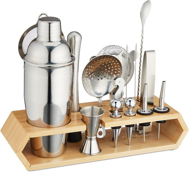 Relaxdays 16-teiliges Cocktailset aus Edelstahl und Bambus in Silber mit Ständer - Bild 1