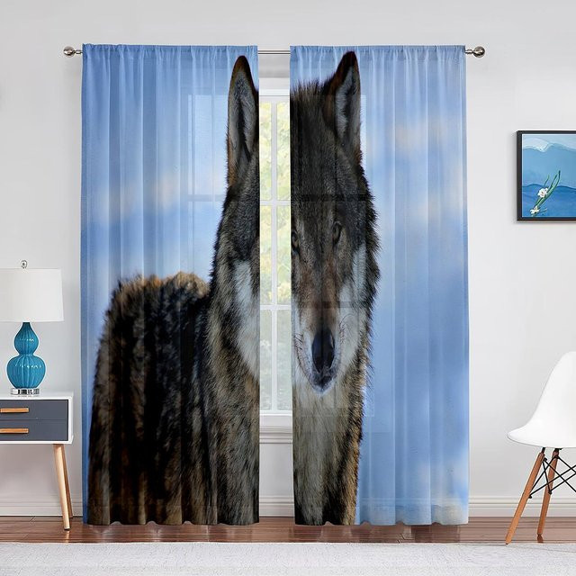 Wolf Wald Tier Galaxie Vorhang mit Sternenhimmel und Mond in Blau, Transparentes Tüll Voile für Schlafzimmer und Wohnzimmer, Breite: 100 cm, Höhe: 250 cm - Bild 1
