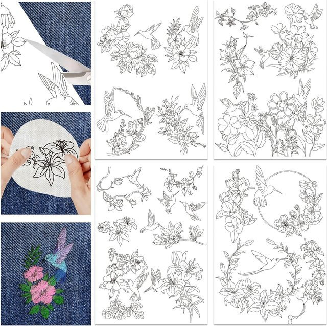 4 Blatt A4 Kaltwasserlösliche Stickfolie mit selbstklebenden Blumen- und Vogeldesigns für deine DIY-Bastelarbeiten - Bild 1