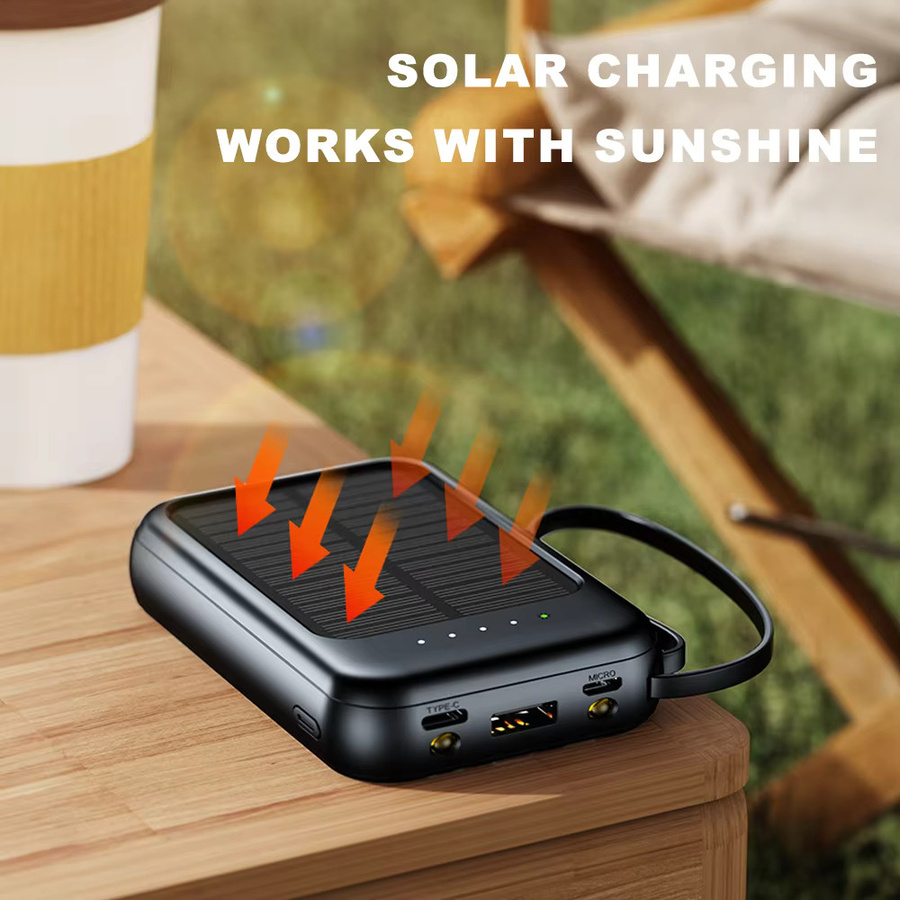Solar-Powerbank für den Außenbereich mit 20.000 mAh, integrierten 4 Kabeln und LED-Licht in Schwarz - Bild 3