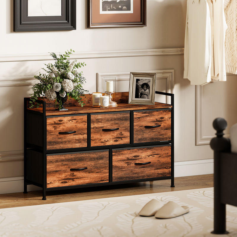 HOMCOM Kommode mit 5 Schubladen aus Stoff und Stahlgestell im Industrie-Design, Aufbewahrungsschrank für Schlafzimmer und Wohnzimmer, Rustikal-Braun - Bild 2