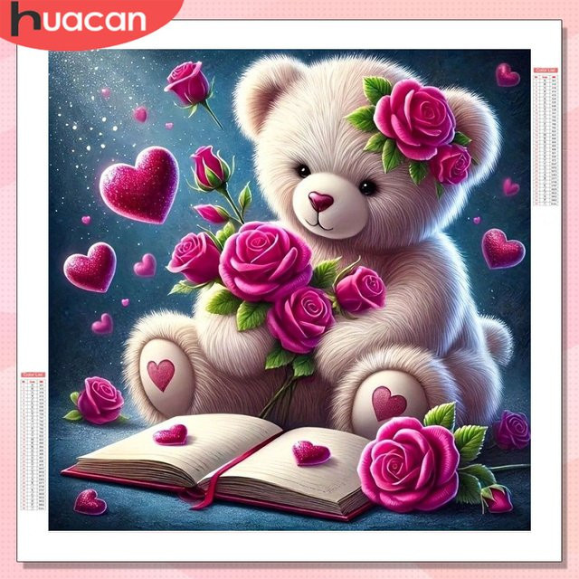 HUACAN Diamantmalerei Bär mit Rosen und Blumen als Mosaik-Kunstset in Mehrfarben, runde Wanddekoration - Bild 1