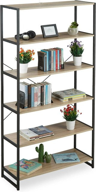 Relaxdays Standregal mit 6 Fächern im Industrial Design aus Metall und Holzwerkstoff, Braun/Schwarz, H: 180 cm, B: 95 cm, T: 35 cm - Bild 1