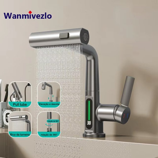 Intelligente digitale ausziehbare Küchenarmatur Wanmivezlo mit Kalt- und Warmwasser-Mischer in Chrom, silberfarben - Bild 1