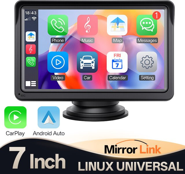 Hippcron 7 Zoll Auto Multimedia Player mit Bluetooth, Wireless CarPlay und Android Auto, Schwarz, USB und AUX - Bild 1