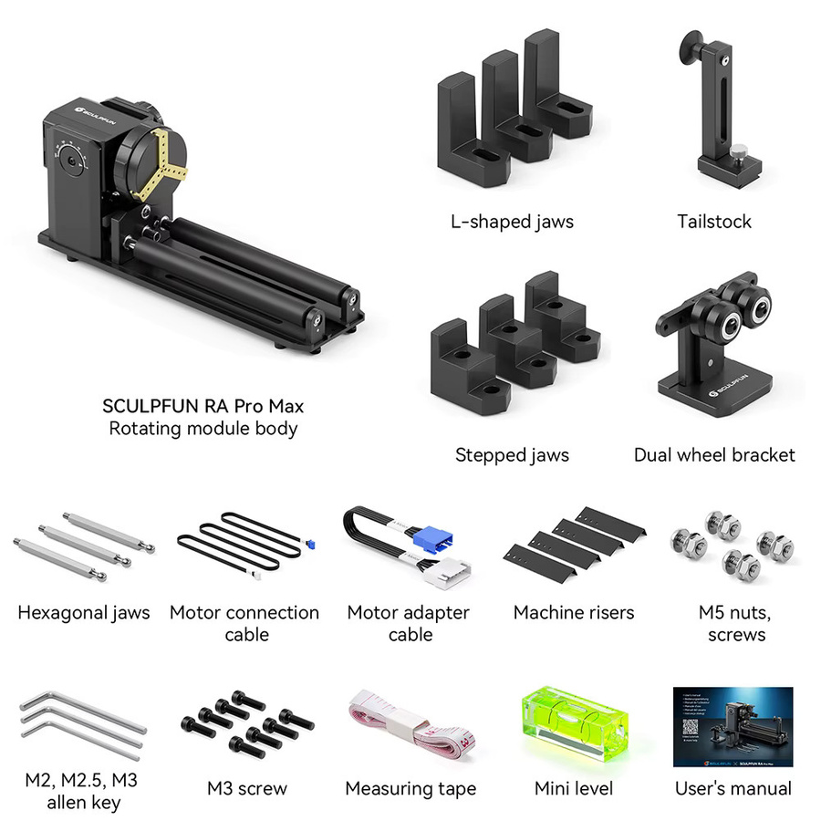 SCULPFUN RA Pro Max 4-in-1-Laser-Rotationsmodul mit Walze für zylindrische und unregelmäßig runde Objekte, Schwarz - Bild 4