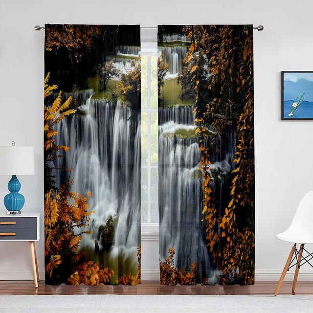 Transparenter Voile-Vorhang mit Naturlandschafts-Motiv Wald und Wasserfall, Chiffon-Fenstervorhang mit Ösen, B: 100 cm, H: 250 cm - Bild 1
