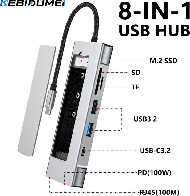 KEBIDUMEI 8-in-1 M.2 SSD-Dockingstation mit 10 Gbit/s USB 3.2 Hub, USB-C zu SATA und NVMe Adapter sowie HDMI für Laptop und Macbook - Bild 1