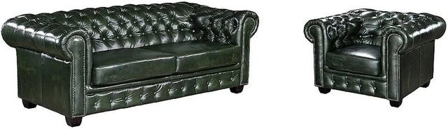 Vente-unique Couchgarnitur Brenton aus Leder in Tannengrün mit Sessel und Chesterfield-Design - Bild 1