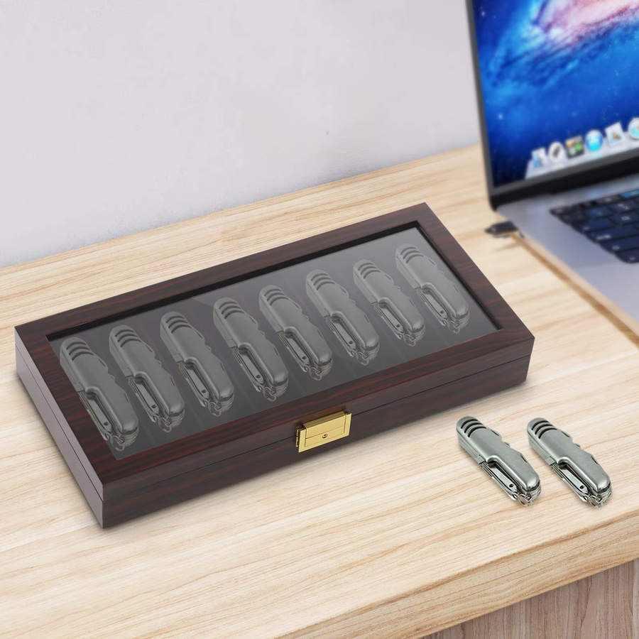 Bymaocar Messervitrine mit 8 Fächern aus Holz in Braun als tragbarer Messer-Aufbewahrungskoffer und Organizer für Taschenmesser und Besteck - Bild 4