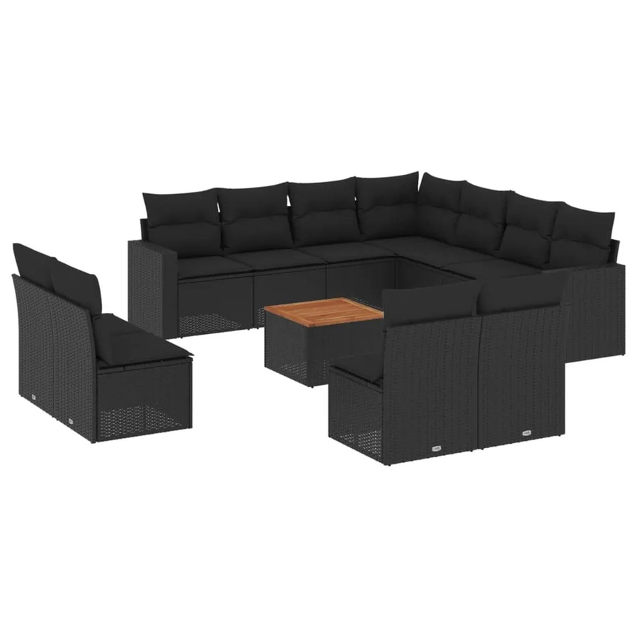 vidaXL 12-tlg. Garten-Sofagarnitur aus Poly-Rattan und Akazienholz in Schwarz mit Kissen - Bild 2