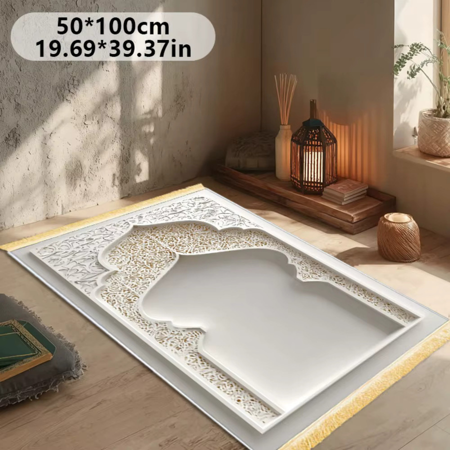 VIKAMA Gebetsteppich aus Polyester, rutschfeste islamische Salah-Matte in Weiß mit orientalischem 2D-Druck für Zuhause und Reisen - Bild 3