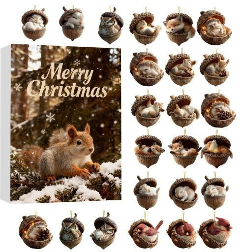 xidianyuany Waldtier Adventskalender Ornamente aus Acryl, bunte Weihnachtsdekoration mit Tieren und Eicheln für den Countdown - Bild 1
