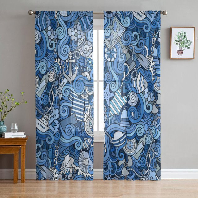 Transparenter Tüll-Fenstervorhang Super Six mit nautischem Design in Grau und Blau, Breite: 135 cm, Höhe: 114 cm - Bild 1